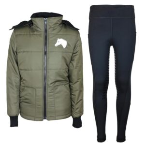 Trachten Reitset für Kinder, Reitjacke Mia Oliv mit Reitleggings Schwarz, perfekt für kleine Pferdefreunde, bequemes und wüstiges Reitset