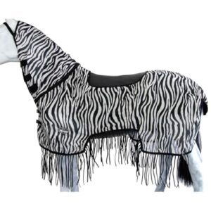 Zebra Fliegenausreitdecke mit Fransen - Pferdedecke mit Sattelausschnitt und Halsteil - Insektenschutz für Pferde - Outdoorpferdedecke in Schwarz/Weiß - 145 cm