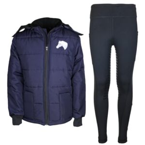 Kinder Reitjacke Mia Dunkelblau mit passenden Reitleggings Schwarz für den Reitsport - perfekte Ausrüstung für Kinder