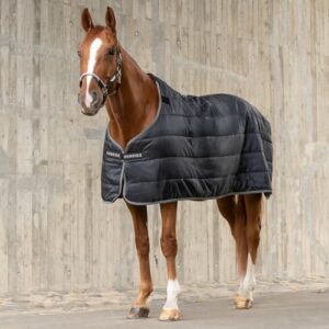 Pferd trägt eine schwarze Unterdecke mit der Marke SUNRIDE. Die Unterdecke ist atmungsaktiv und bietet Wärmeleistung bei geringem Gewicht.