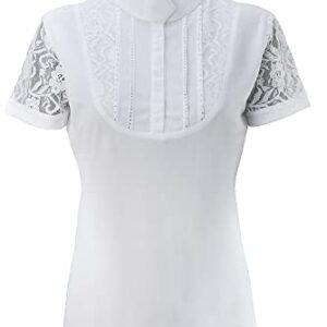 Turniershirt für Damen, Kurzarm Reitshirt mit Spitze und Stehkragen, atmungsaktives Turnierkleid für Reiten und Wettbewerb in Weiß