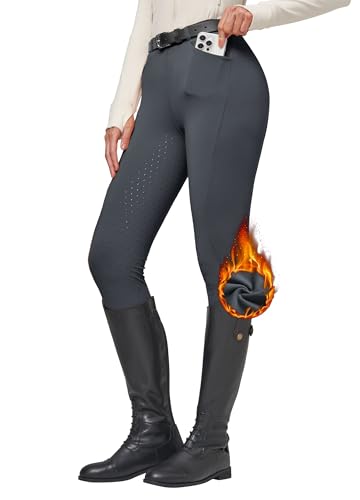 Damen Reithose Winter gefüttert, Reithosen mit Fleece, Reitleggings mit Silikon-Sitz, Thermo Hose für Frauen mit Taschen und Gürtelschlaufen, Dunkelgrau, Größe XS.