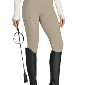 Bequeme Reithose für Damen mit Silikon-Vollsitz und praktischer Reißverschlusstasche. Khakifarbe, ideal fürs Reiten oder tägliches Tragen.