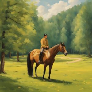 Reiter auf grünem Feld mit Pferd und Aufziehtränse bei Sonnenschein im Wald