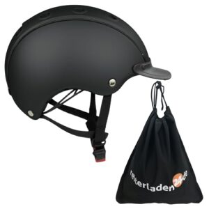 Kinderreithelm in Schwarz mit ergonomischem Design und Kinn- und Nackenschutz für ein sicheres und angenehmes Reiten