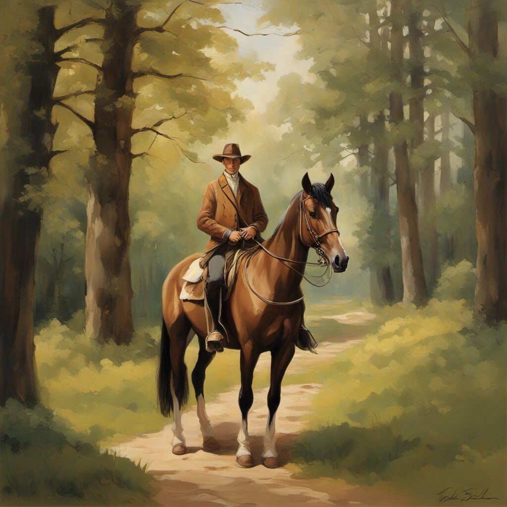 Ein stilvoll bekleideter Reiter in einem grünen Wald, trägt Country-Stiefel und hält eine Satteldecke in der Hand