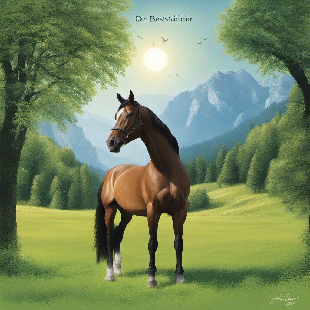 Bild von einem Pferd mit Dressursattel im reichen grünen Feld