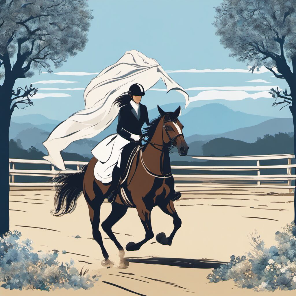 Pferd mit Fliegenhaube vor blauem Himmel, im Vordergrund Auswahlmenü für verschiedene Arten von Fliegenschutz