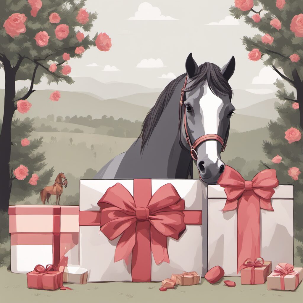 Reiten - Geschenkidee: Pferd mit Trensenhalter und Zaumzeug, rosafarbene Bänder und landschaftlicher Hintergrund