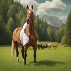 Pferd mit Selbstklebender Bandage auf grüner Wiese, ideal für Reiter und Pferdebesitzer als Geschenk