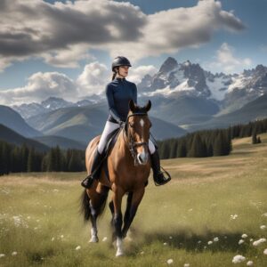 Stolze Reiterin mit Pferd in der wunderschönen Landschaft, im Vordergrund verschiedene Reitprodukte wie Winterreitleggin und Langarmshirt.