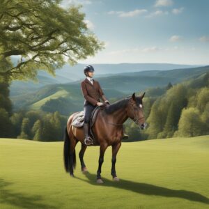 Pferd mit Sattel und Reiter auf einer Wiese, mit bequemen Sattelsitzbezügen von Werner Christ und Sharplace sowie anderen Reitprodukt Marken als Geschenkidee