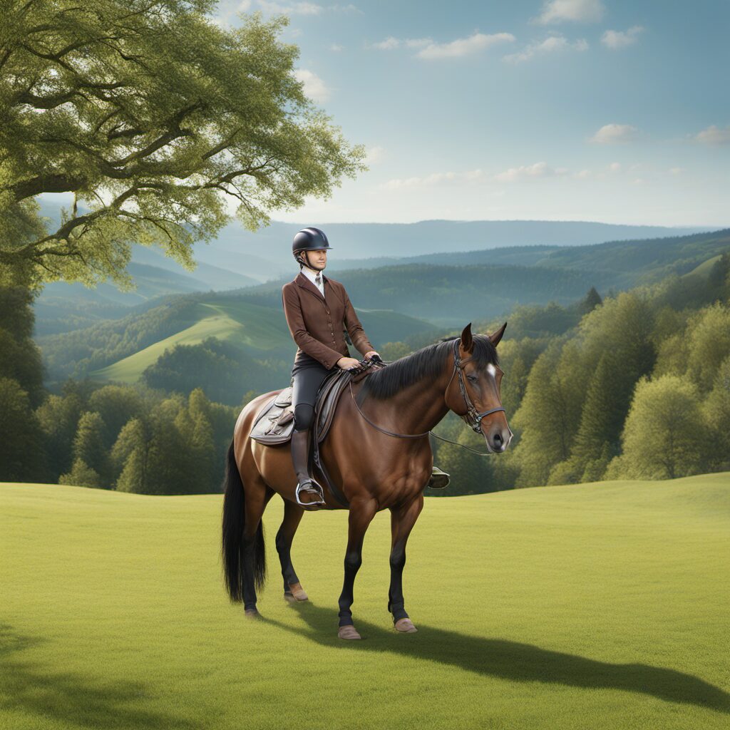 Pferd mit Sattel und Reiter auf einer Wiese, mit bequemen Sattelsitzbezügen von Werner Christ und Sharplace sowie anderen Reitprodukt Marken als Geschenkidee