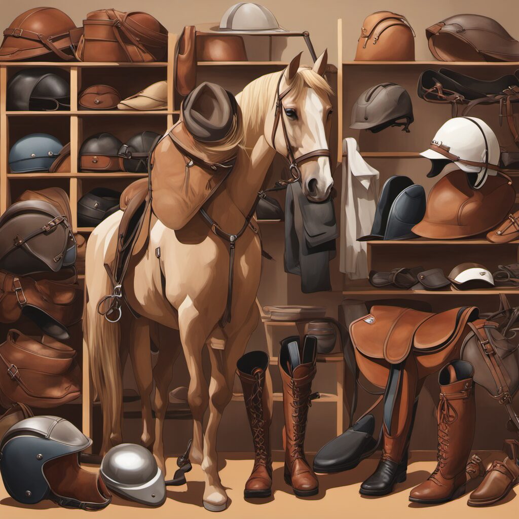 Pferdezubehör und Geschenke für Pferdeliebhaber, wie Reithelme, Steigbügel, Zaumzeuge und Taschen.