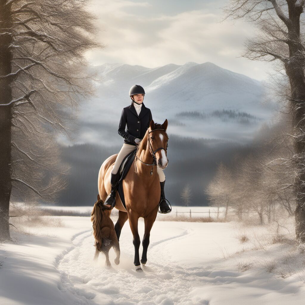 Reitende Frau mit Havideto Winter Reithose oder PFIFF Kinder Reithose auf einem Pferd in idyllischer Landschaft