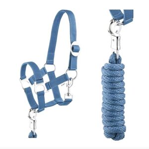 Halfter Führstrick Set mit Panikhaken, verstellbar, Pferdehalfter, Pferd, Holzpferd Anbindestrick (Panikhaken Blau)