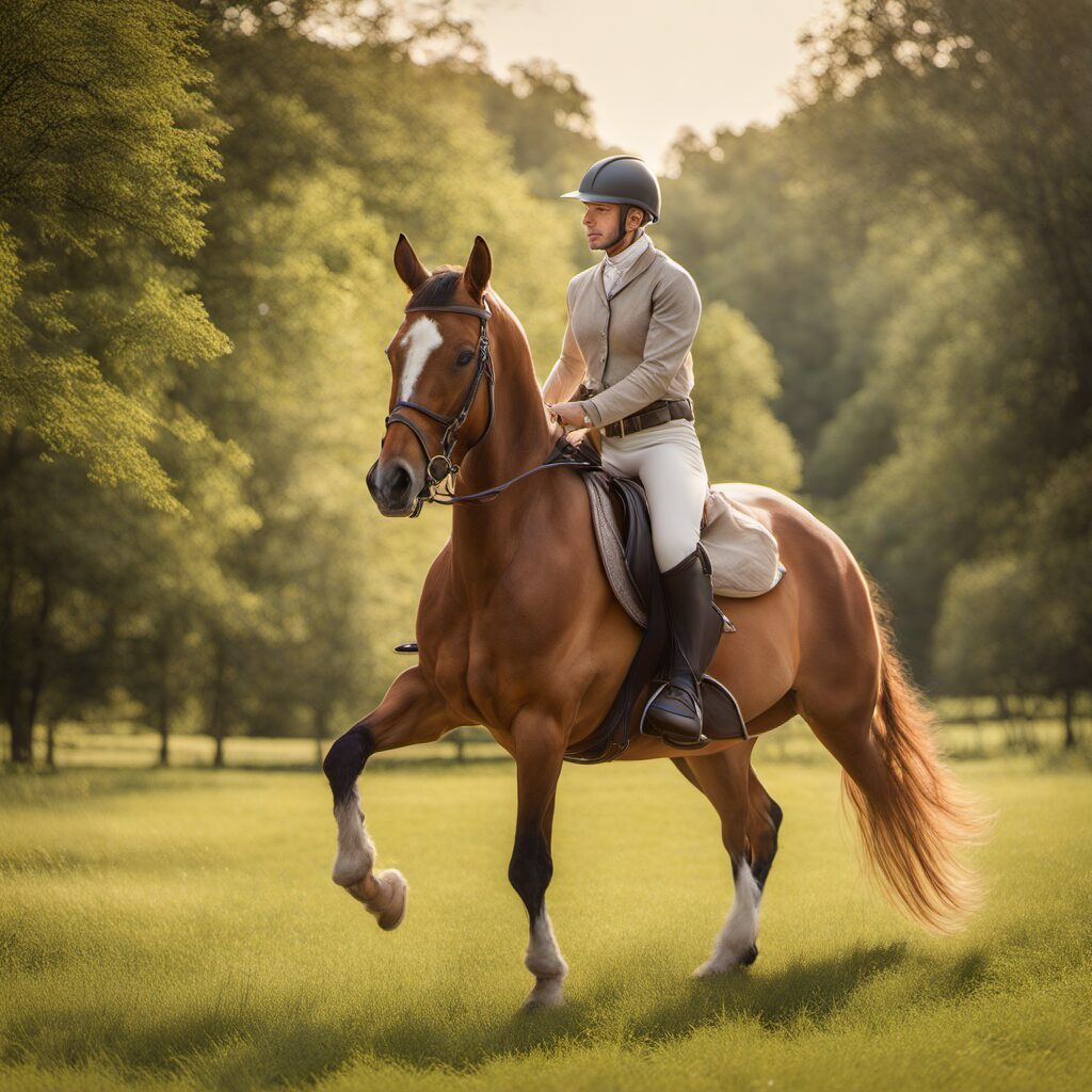 Reiter auf einem Pferd mit einer Herren-Reithose in der Hand - Geschenkidee für den perfekten Reitlehrer oder Freund