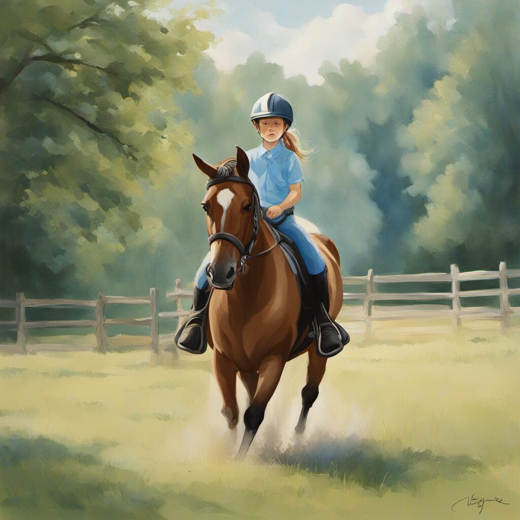 Kind auf einem Pferd sitzt mit einer Schutzweste getragen, Sicherheitsweste im Hintergrund, hellblau und weiß