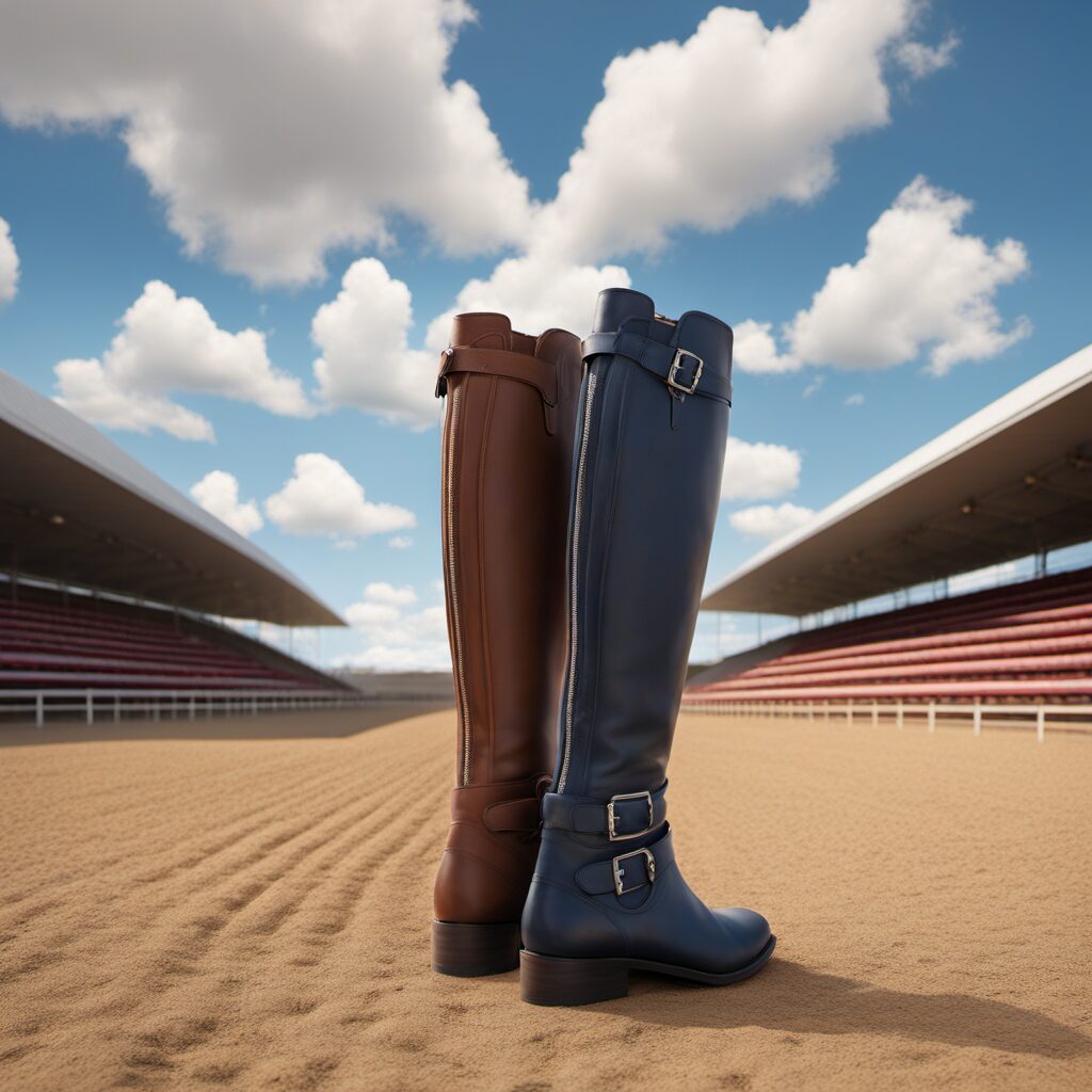Lange Reitstiefel in verschiedenen Farben und Mustern auf einer Reitsportarena. Im Hintergrund ist ein reitender Mensch zu sehen.