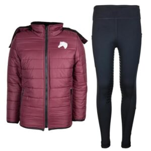 MS-Trachten Reitset für Kinder - Winter-Reitjacke 'Moni' Maroon mit gestepptem Design und Reitleggings 'Amy' Schwarz