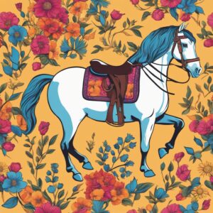 Ein Bild des Reitsports mit einem Sattel im Vordergrund, umgeben von Pferden, Blumen oder anderen Elementen, die den Reitsport symbolisieren.