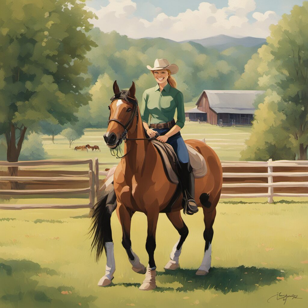 Reiter auf Pferd mit verschiedenen Reitschuhen im Hintergrund