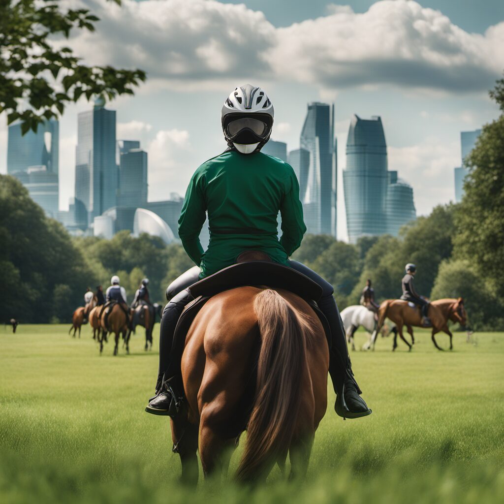 Ein stilisiertes Bild von einem Pferd und seinem Reiter mit modernen Reiterhelm, der Sicherheit und Schutz betont.
