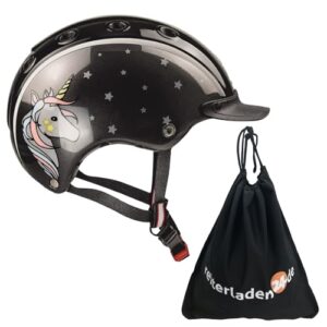 RL24 Casco Kinder Reithelm Nori Einhorn für Mädchen und Jungen, inkl. Schutzbeutel und Helm zum Reiten, Fahrrad- und Skifahren, Schwarz/Grau, Größe XS (50-52 cm)
