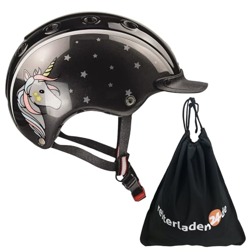 RL24 Casco Kinder Reithelm Nori Einhorn für Mädchen und Jungen, inkl. Schutzbeutel und Helm zum Reiten, Fahrrad- und Skifahren, Schwarz/Grau, Größe XS (50-52 cm)