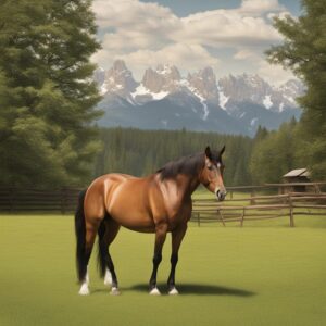 Ein Pferd mit einem Sattel und einer Satteldecke in einer idyllischen Landschaft