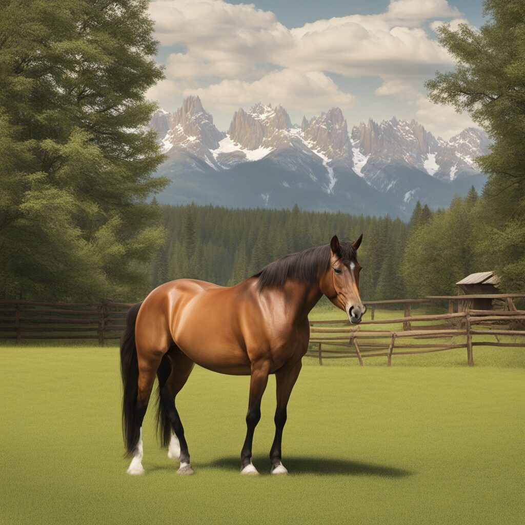 Ein Pferd mit einem Sattel und einer Satteldecke in einer idyllischen Landschaft