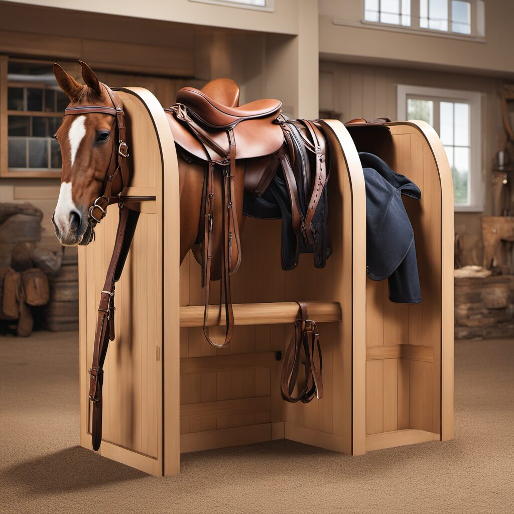 Ein stilvoller Sättelhalter in verschiedenen Größen und Materialien, ideal für Stall, Reitschule oder private Pferdehaltung. Perfekte Geschenkidee für jeden Reiter!