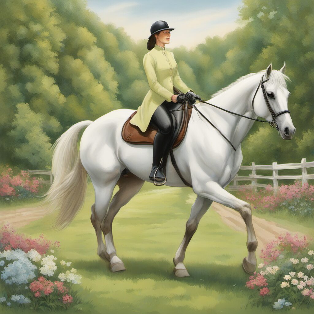 Pferdedame in sicheren und bequemen Gamaschen auf einem Reitweg