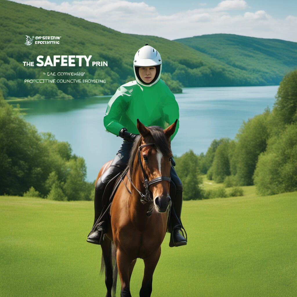 Reiter auf einem Pferd mit Schutzkleidung, sicher durch eine grüne Landschaft reitend.