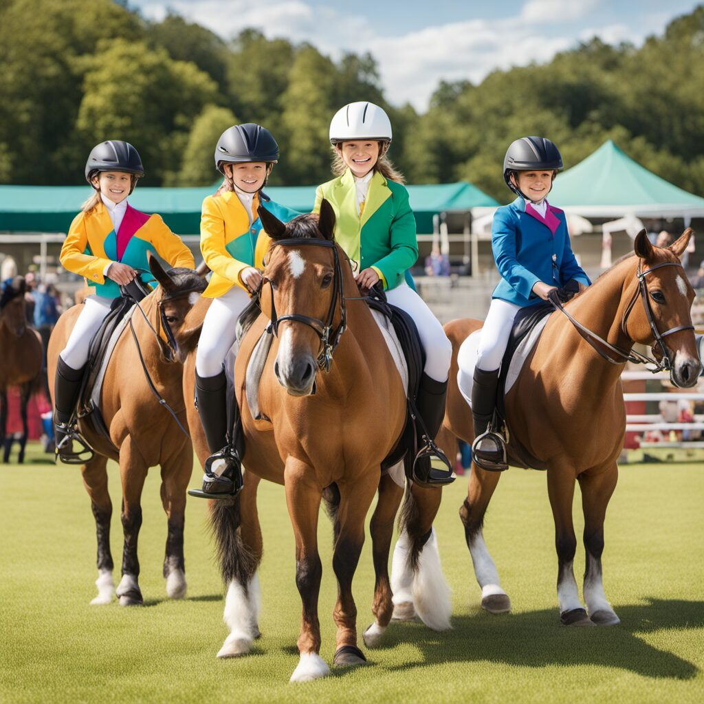 Farbenfrohes Titelbild mit Kindern beim Reiten, Turniereingängen und Reitplätzen im Hintergrund. Vorbereitung auf ein Turnier mit verschiedenen Turnierjackets wie dem START Marianne Jugendturnierfrack, der Equiline Reitturnierjacke Kind und dem QHP Turniersakko Juliet Kinder.