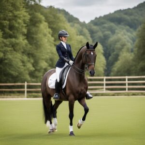Turnierjackett für Damen - Eine Reiterin in einem Turnierjackett, das ihre Figur betont und eine feminine Note verleiht. Ein Pferd, das reitet oder sich im Hintergrund befindet.