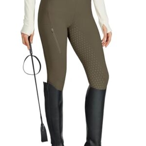 Dame Reiten Reitleggings Reithose mit Silikon Vollbesatz, High Waist, Stretch, Reiu00dftsverschlusstasche und Gürtelschlaufen in Braun