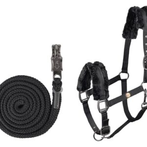 Elegantes Halfter Set in Modern Rosé - Schwarz mit glänzenden anthrazit Beschlägen und Metallplättchen, weiches Synthetik-Fell & geflochtener Anbindestrick mit Panikhaken für Pferd