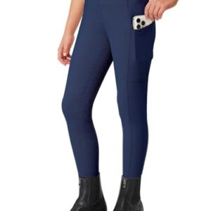 Reithose für Kinder und Mädchen aus Silikon mit Vollbesatz, geeignet für Sommerreiten, 2 Seitentaschen und Gürtelschlaufen in Marineblau, XS Größe.