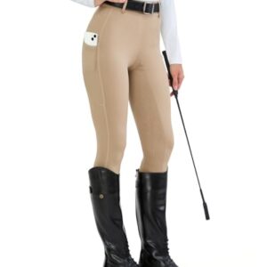 Reitleggingen für Damen, Khaki Farbe, High Waist Stil, Elastischer Material, Handytasche und Gürtelschlaufen