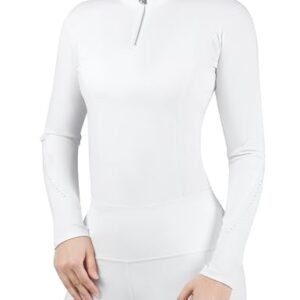 Hochwertiges Reit-Shirt von Harrison Howard in Weiss, langärmelig und mit Stehkragen, ideal für Damen im Reitsport und Outdoor-Aktivitäten.