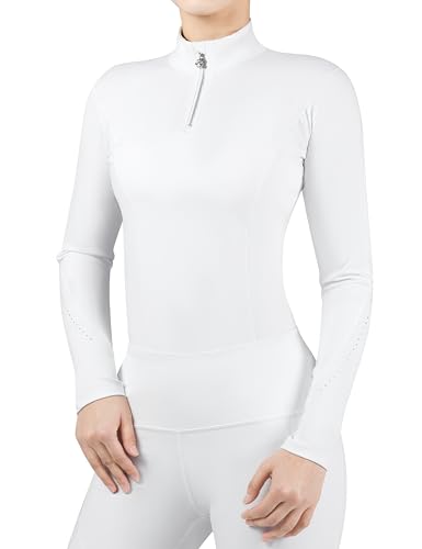 Reit-Shirt für Damen, langärmlig mit Stehkragen und Stickerei, Reitsportkleidung, Oval weiß, kleiner Größe