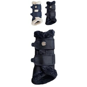 Schwarze Pferdegamaschen mit weichem Kunstfell, Klettverschlüssen und atmungsaktivem Mesh für ein bequemes Reiterlebnis