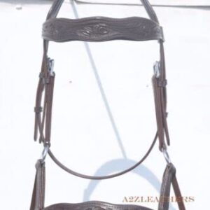 Braunes Zaumzeug mit seitlichem Zug und Handschnitzerei auf gebogenem Stirn- und Nasenriemen für Pferde, einzigartiges Design für Einsteiger und Fortgeschrittene