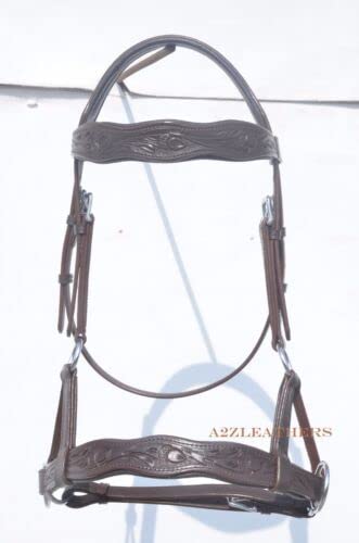 Braunes Zaumzeug mit seitlichem Zug und Handschnitzerei auf gebogenem Stirn- und Nasenriemen für Pferde, einzigartiges Design für Einsteiger und Fortgeschrittene