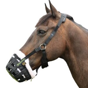 T TEKE Nano-Duro II Deluxe Pferd Weiden Maulkorb mit Fleece Pelz Futter, voll einstellbare Neopren Kissen Halter für einen komfortablen und sicheren Einsatz bei Reit- und Pferdesport
