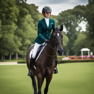 Reiterin in einem modernen Turnierjacket vor einem Pferd im grünen Park, Schutz vor Wind und Wetter, optimale Bewegungsfreiheit