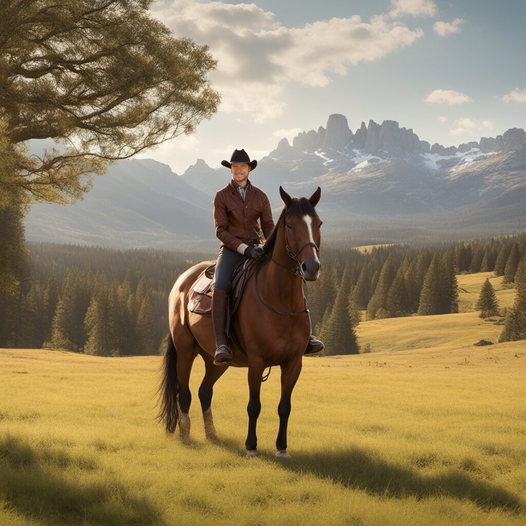 Reiterin mit Pferd in atemberaubender Landschaft, Country-Stiefel im Vordergrund
