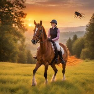 Reiterin oder Reiter auf einem Pferd mit Fliegenschutz, im Hintergrund Sonnenuntergang, Produkt aus der Kategorie Fliegenschutz in Vordergrund