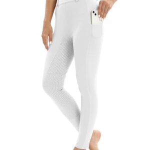 Damen Reitleggin in Weiß mit Handytasche und Gürtelschlaufen, High Waist Reithose für Mädchen Stretch